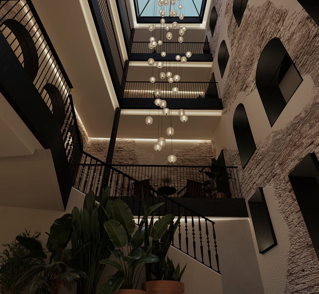 Hotel Barcino-Patio2 Diseño de patio y pasillos de hotel en barcelona