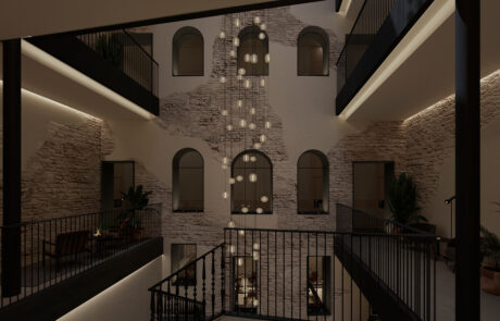 Diseño de interiorismo para pasillos y patio de hotel en barcelona